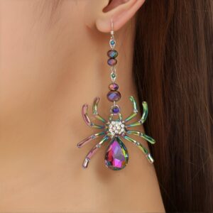 Spooky Chic Halloween Spider Dangle Earrings – Colorful Rhinestone Accents, Zinc Alloy, Ideal for Daily Wear & Holiday Celebrations