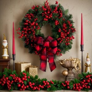 Classic Christmas Wreath 13.8" – Unlit Plastic Wall Hanging Holiday Decor with Berries and Bow for Front Door, Outdoor, Indoor, Party, Home Decoration