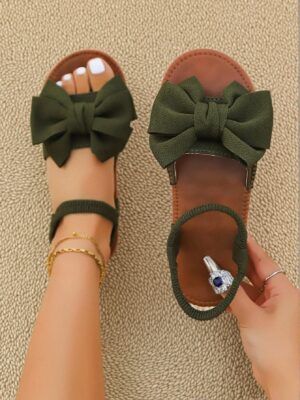 Elegant Army Green Women Flat Sandals with Ruffle Decor and Crinkly Floral Trim, Perfect for Beach, Party, Office, and Summer Slip-On Style - Cute, Comfortable, Aesthetic, Classy, Trendy, Casual, Chic, Stylish, Luxury Sandals For Summer, Beach, Vacation And Spring