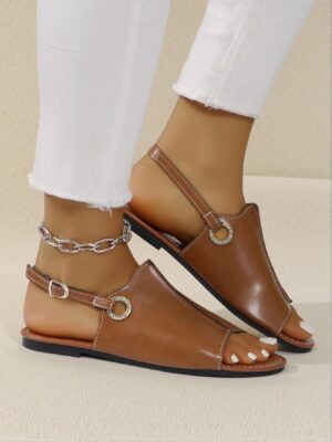 Elegant Brown Women Flat Sandals Featuring Peep-Toe PU Leather Design with Buckle, Roman Style and Quick-Drying Flat Heel, Cute, Comfortable, Aesthetic, Classy, Trendy, Casual, Chic, Stylish, Luxury Sandals For Summer, Beach, Vacation And Spring.