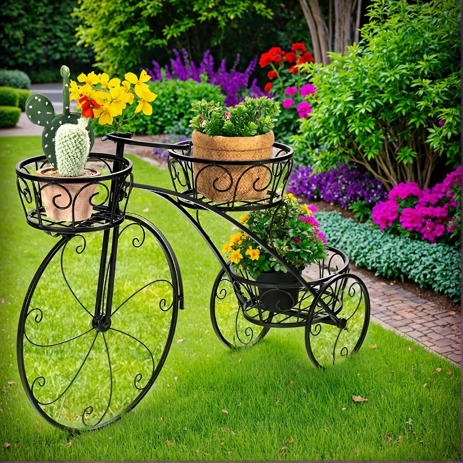 3 Tier Metal Bicycle Planter – Tricycle Flower Plant Stand Parisian Style Flower Display Cart For Home Decor Patio Garden Indoor Outdoor