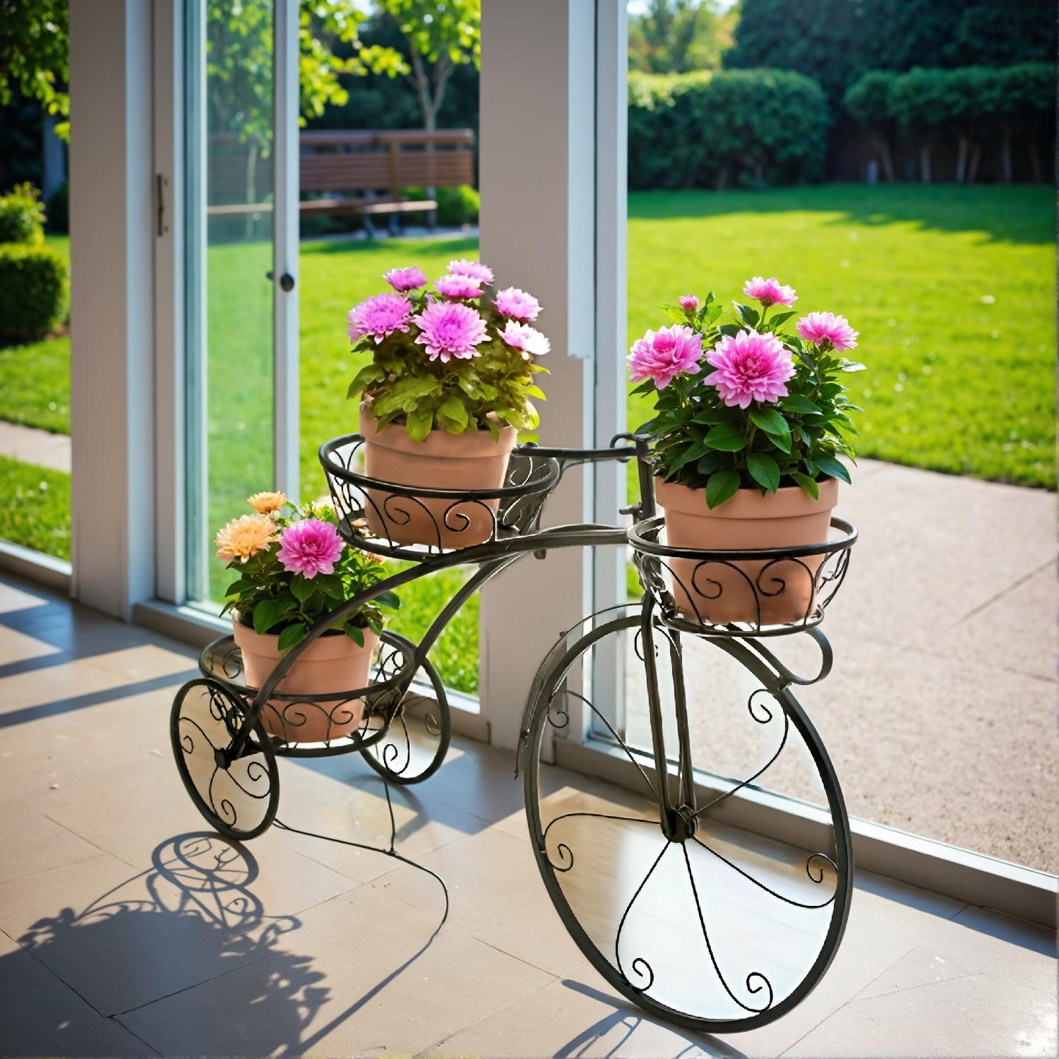 3 Tier Metal Bicycle Planter – Tricycle Flower Plant Stand Parisian Style Flower Display Cart For Home Decor Patio Garden Indoor Outdoor - Image 2