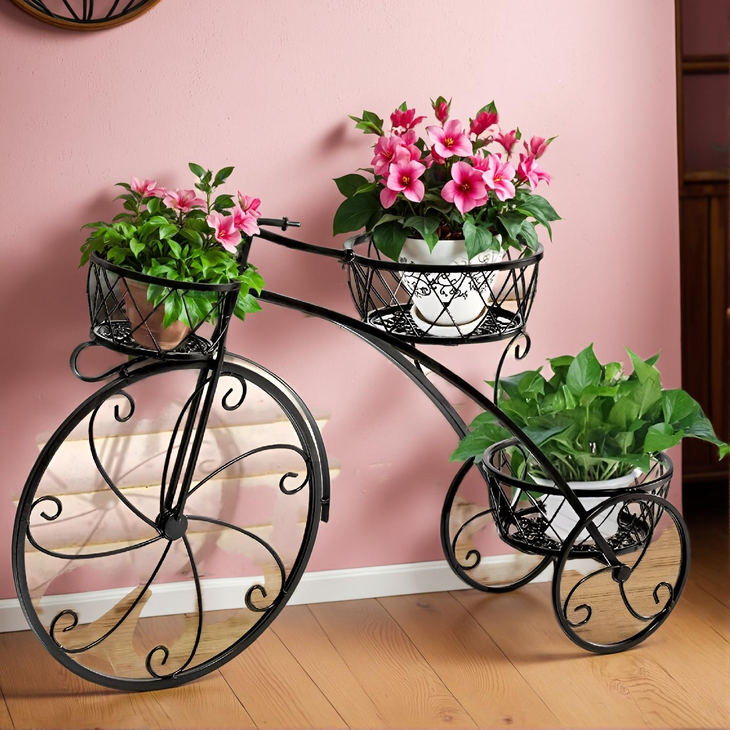3 Tier Metal Bicycle Planter – Tricycle Flower Plant Stand Parisian Style Flower Display Cart For Home Decor Patio Garden Indoor Outdoor - Image 3