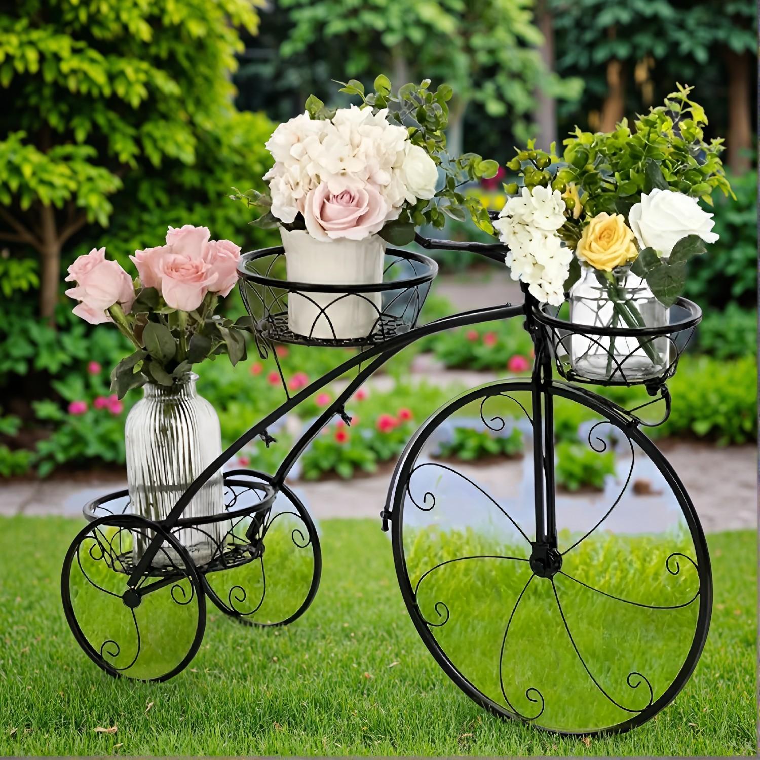 3 Tier Metal Bicycle Planter – Tricycle Flower Plant Stand Parisian Style Flower Display Cart For Home Decor Patio Garden Indoor Outdoor - Image 4