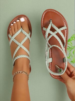 Elegant Mint Green Women Flat Sandals Featuring Woven Design, Toe Ring and Open Toe for Non-Slip Comfort for Indoor and Outdoor Use - Cute, Comfortable, Aesthetic, Classy, Trendy, Casual, Chic, Stylish, Luxury Sandals For Summer, Beach, Vacation And Spring