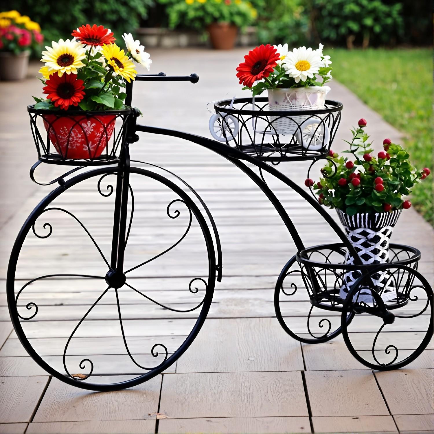 3 Tier Metal Bicycle Planter – Tricycle Flower Plant Stand Parisian Style Flower Display Cart For Home Decor Patio Garden Indoor Outdoor - Image 5