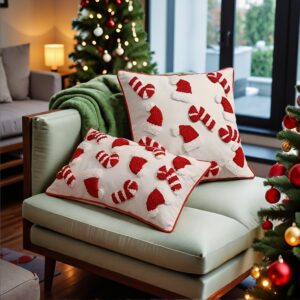 Christmas Velvet Throw Pillow Cover, Soft, Festive Santa Hat & Candy Cane Design, Zipper Closure, Hand Washable