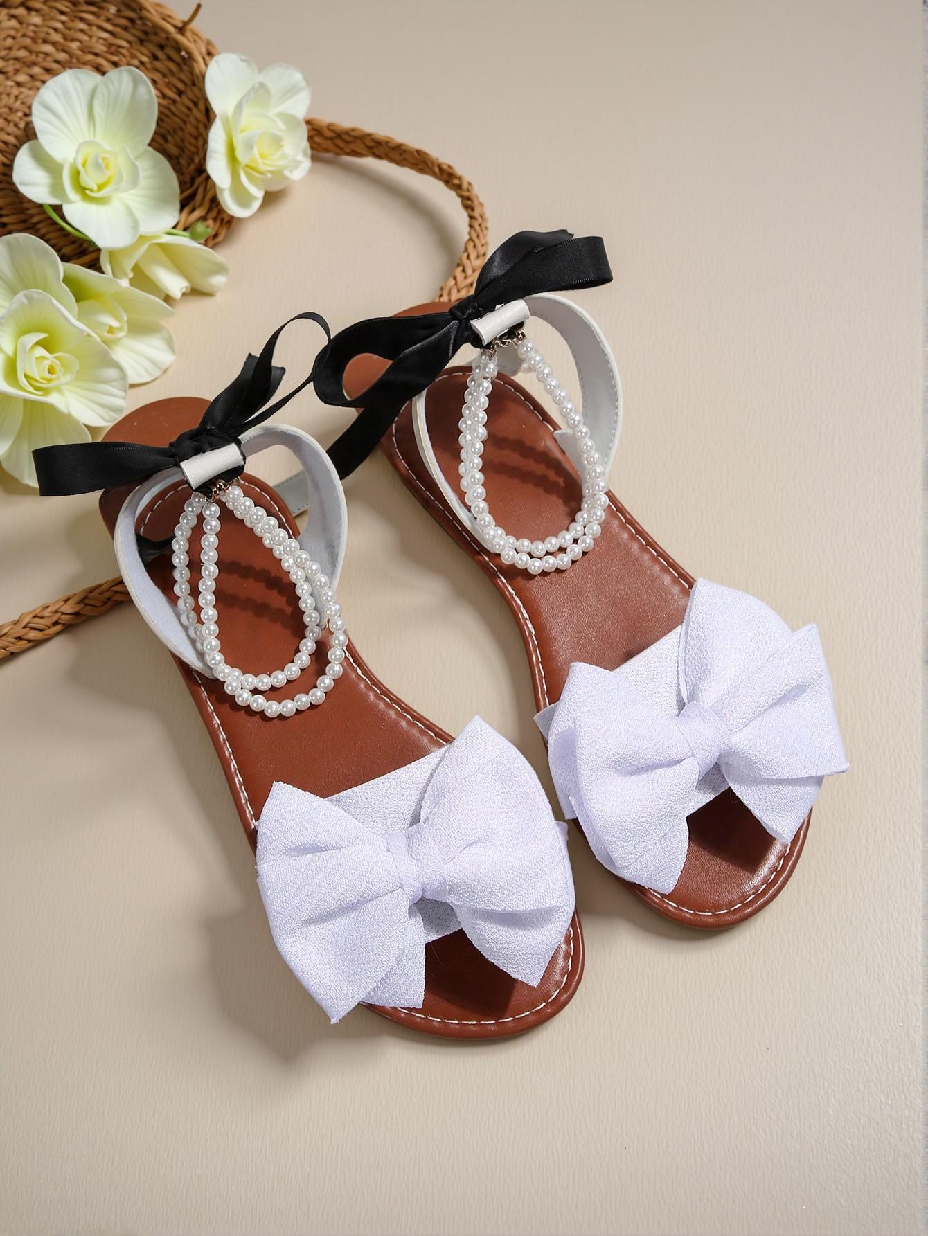 Elegant White Women Flat Sandals featuring a One-Shoulder Pearl Ribbon Bow Design for Casual Summer Beach Outings, Cute, Comfortable, Aesthetic, Classy, Trendy, Chic, Stylish, Luxury Slides for Summer, Beach, Vacation and Spring - Image 5