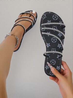 Elegant Black Women Flat Sandals Featuring Fully Embellished Rhinestones for Stylish Gatherings, Spring/Summer Beach Outings, Weddings, and More - Cute, Comfortable, Aesthetic, Classy, Trendy, Casual, Chic, Stylish, Luxury Sandals For Summer, Beach, Vacation And Spring.