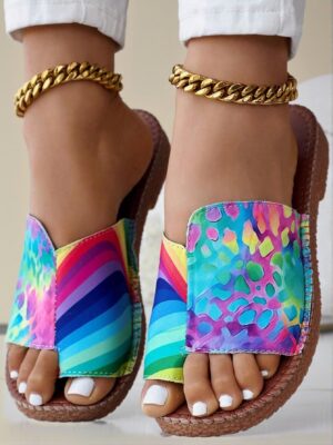 Elegant Colorful Women Flat Sandals Two-Tone Patchwork Colorful Leopard & Rainbow Striped Slip-On Style, Soft Sole Comfortable Beach Shoes, Cute, Comfortable, Aesthetic, Classy, Trendy, Casual, Chic, Stylish, Luxury Sandals For Summer, Beach, Vacation And Spring