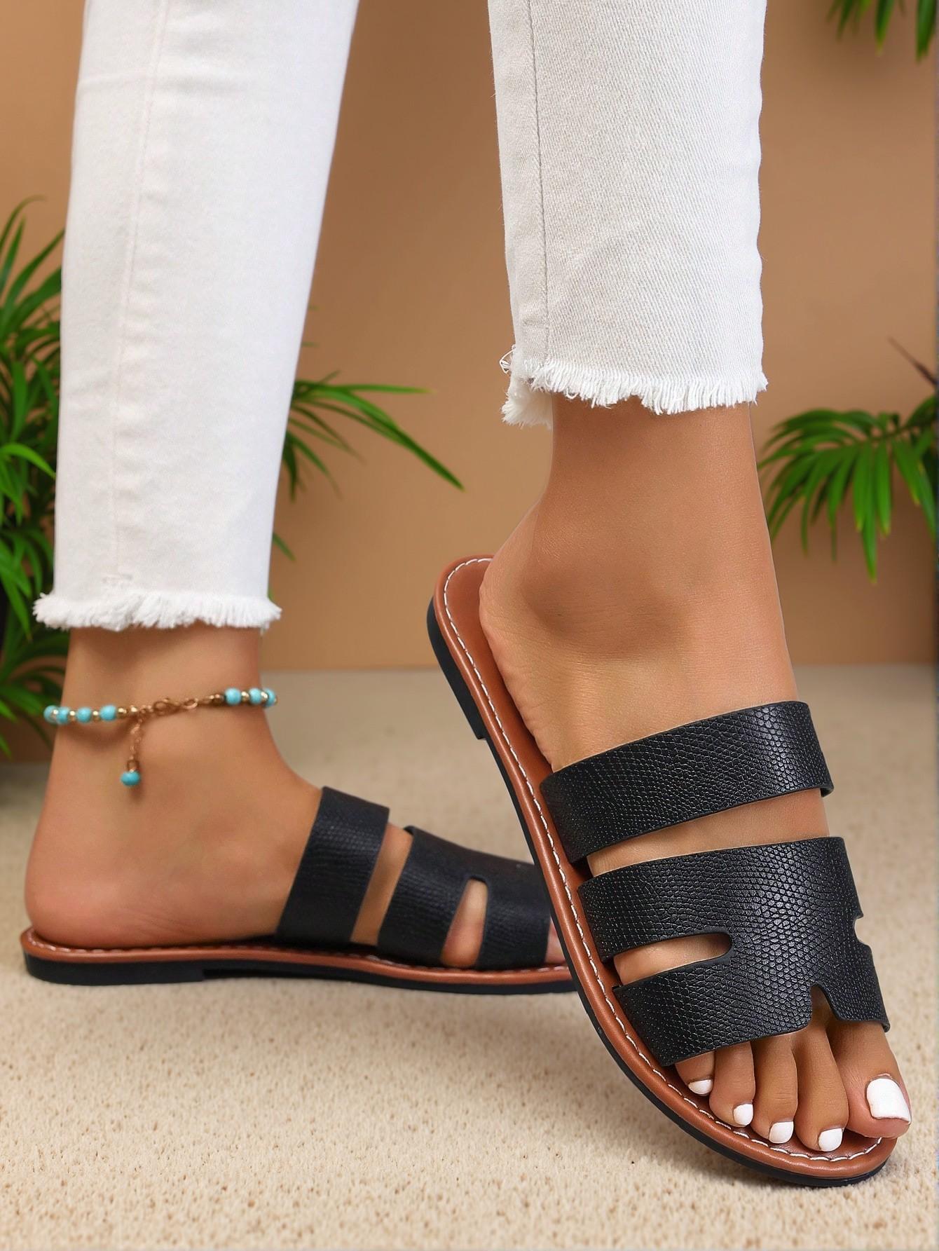 Elegant Black Women Flat Sandals Stylish Slip-On Casual Straps for Spring & Summer, Comfortable Flat Heel Round Toe Beach Slides, Cute, Comfortable, Aesthetic, Classy, Trendy, Casual, Chic, Stylish, Luxury Sandals For Summer, Beach, Vacation And Spring - Image 3