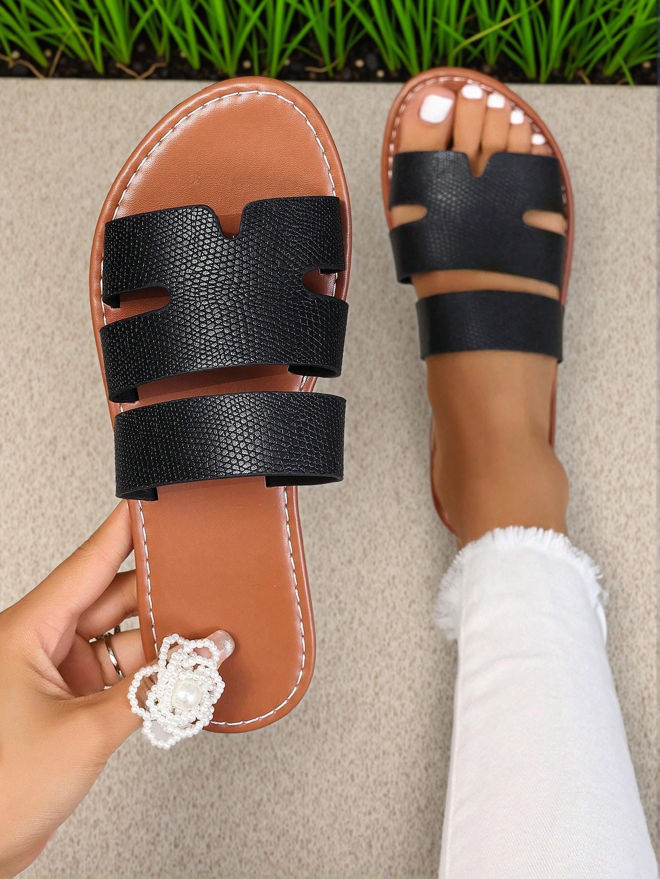Elegant Black Women Flat Sandals Stylish Slip-On Casual Straps for Spring & Summer, Comfortable Flat Heel Round Toe Beach Slides, Cute, Comfortable, Aesthetic, Classy, Trendy, Casual, Chic, Stylish, Luxury Sandals For Summer, Beach, Vacation And Spring - Image 5
