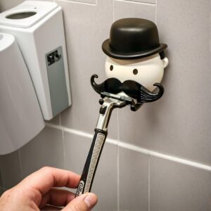 Wall-Mounted Beard Shaver Holder – Gentleman Design, No-Drill Installation, Black & White Mustache Theme, Compact Bathroom Organizer for Shavers and Razors