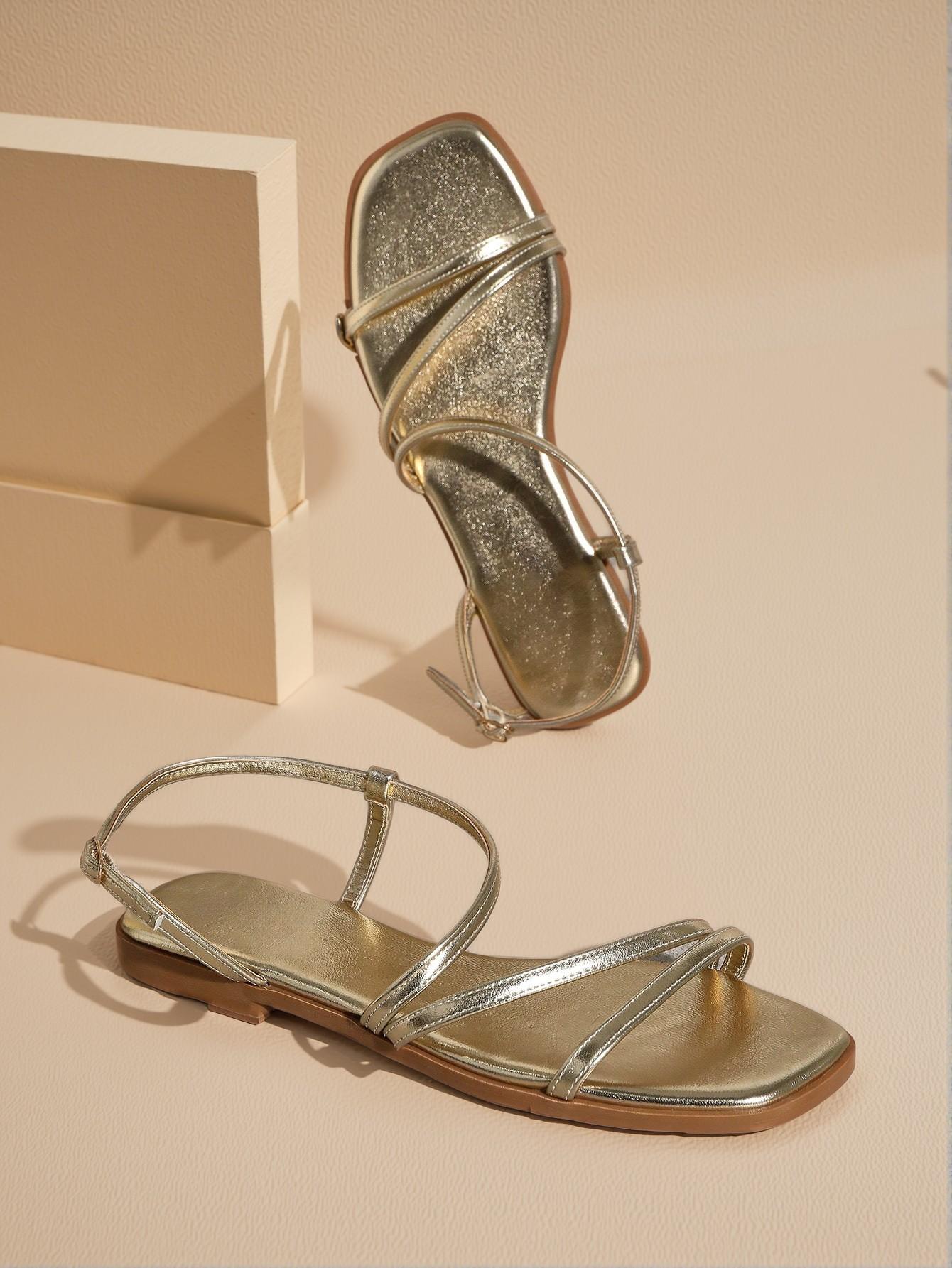 Elegant Gold Women Flat Sandals, Chic Minimalist Square Toe Design for Casual Daily Wear, Perfect as a Mother's Day Present. Cute, Comfortable, Aesthetic, Classy, Trendy, Casual, Stylish, Luxury Sandals for Summer, Beach, Vacation and Spring.