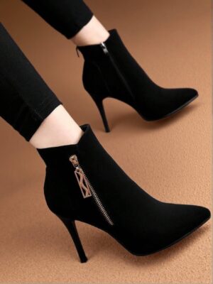 Elegant Black Women Ankle Boots with Rhinestone Fringe, Chunky Heel Comfort, Pointed Toe, and Side Zipper for Stylish Fall and Winter Wear - Cute, Fancy, Classy, Aesthetic, Fashionable, Cool, Trendy Women Boots For Winter