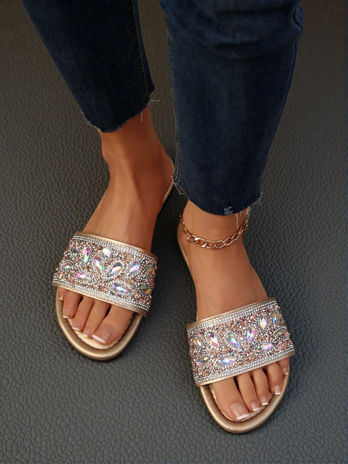 Elegant Gold Women Flat Sandals Lightweight Luxury Slip-On Slippers with Rhinestone and Pearl Decor for Extra Wide Fit, Perfect for Casual Use. Cute, Comfortable, Aesthetic, Classy, Trendy, Chic, Stylish, Luxury Sandals for Summer, Beach, Vacation and Spring. - Image 3
