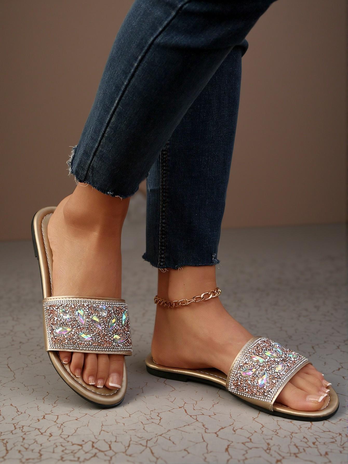 Elegant Gold Women Flat Sandals Lightweight Luxury Slip-On Slippers with Rhinestone and Pearl Decor for Extra Wide Fit, Perfect for Casual Use. Cute, Comfortable, Aesthetic, Classy, Trendy, Chic, Stylish, Luxury Sandals for Summer, Beach, Vacation and Spring. - Image 5