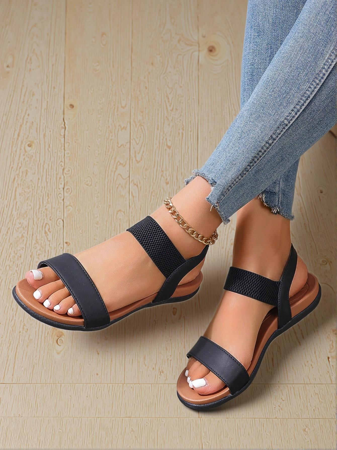 Elegant Black Women Flat Sandals Featuring Stylish Thick Bottom Soft Midsole, Durable Outsole, and Comfortable Elastic Band for Outdoor Casual and Sporty Activities. Cute, Comfortable, Aesthetic, Classy, Trendy, Casual, Chic, Stylish, Luxury Sandals For Summer, Beach, Vacation And Spring.