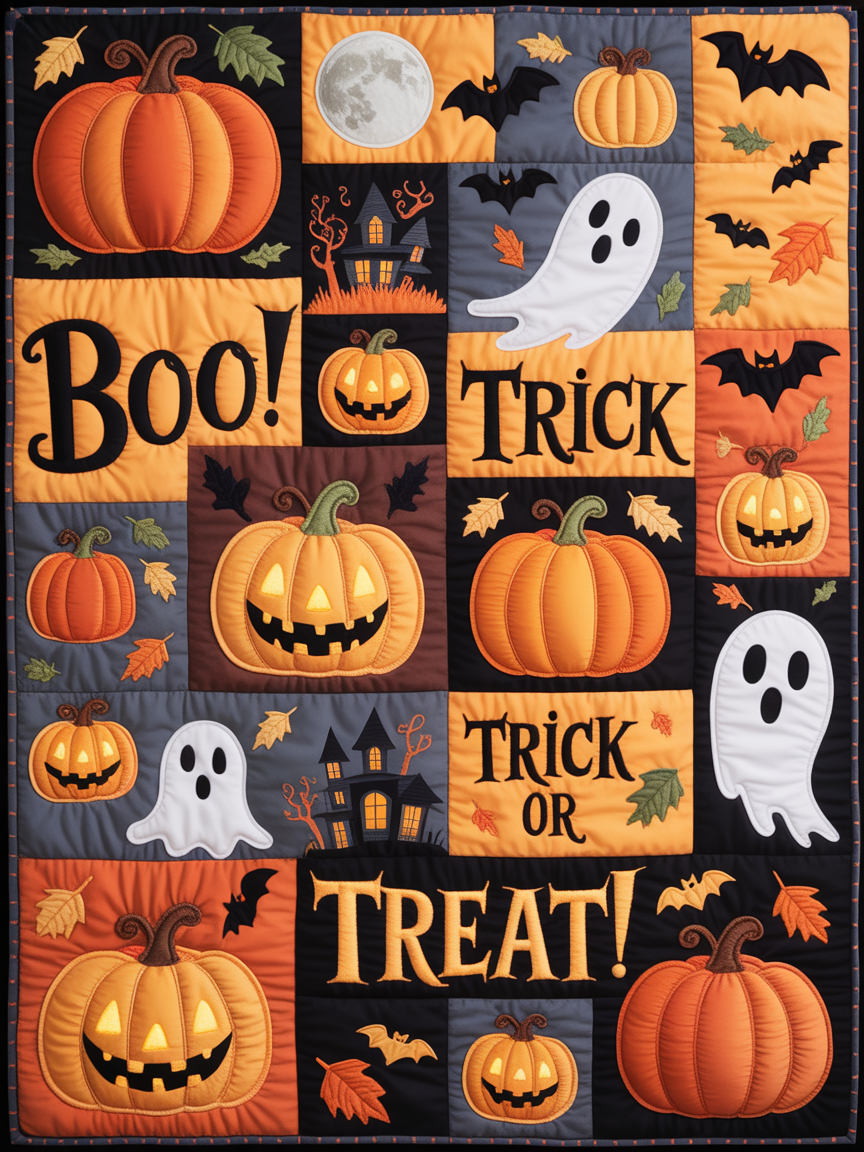 Elegant Halloween Quilted Blanket – Spooky Ghosts, Vibrant Pumpkins, and Bewitched Bats with Oversized Stitched Text — Perfect For Home, Living Room, Fireplace, And Bedroom Decor — Ideal For Indoor Decoration, Gift Ideas And Crafts, Cozy, Elegant, Classy, Chic, Cute, Unique, And Aesthetic Halloween Throw Blanket - Image 2