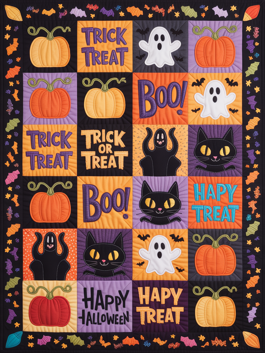 Elegant Halloween Quilted Blanket – Whimsical Pumpkins, Spooky Ghosts, and Bold 'Trick or Treat' Text Design Perfect For Home, Living Room, Fireplace, And Bedroom Decor — Ideal For Indoor Decoration, Gift Ideas And Crafts, Cozy, Elegant, Classy, Chic, Cute, Unique, And Aesthetic Halloween Throw Blanket - Image 2