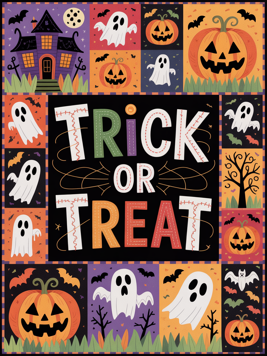 Elegant Halloween Quilted Blanket – Spooky Pumpkins, Ghostly Figures, and Whimsical Witches with Bold 'Trick or Treat' Text – Perfect For Home, Living Room, Fireplace, And Bedroom Decor — Ideal For Indoor Decoration, Gift Ideas And Crafts, Cozy, Elegant, Classy, Chic, Cute, Unique, And Aesthetic Halloween Throw Blanket - Image 2