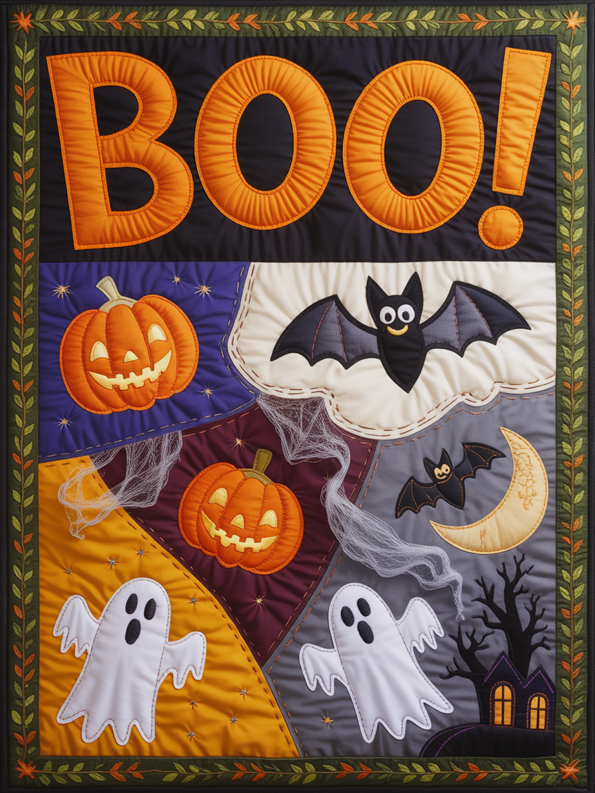Elegant Halloween Quilted Blanket – Spooky Ghosts, Pumpkins, and Whimsical Bats with Oversized Stitched Boo Text – Perfect For Home, Living Room, Fireplace, And Bedroom Decor — Ideal For Indoor Decoration, Gift Ideas And Crafts, Cozy, Elegant, Classy, Chic, Cute, Unique, And Aesthetic Halloween Throw Blanket - Image 2