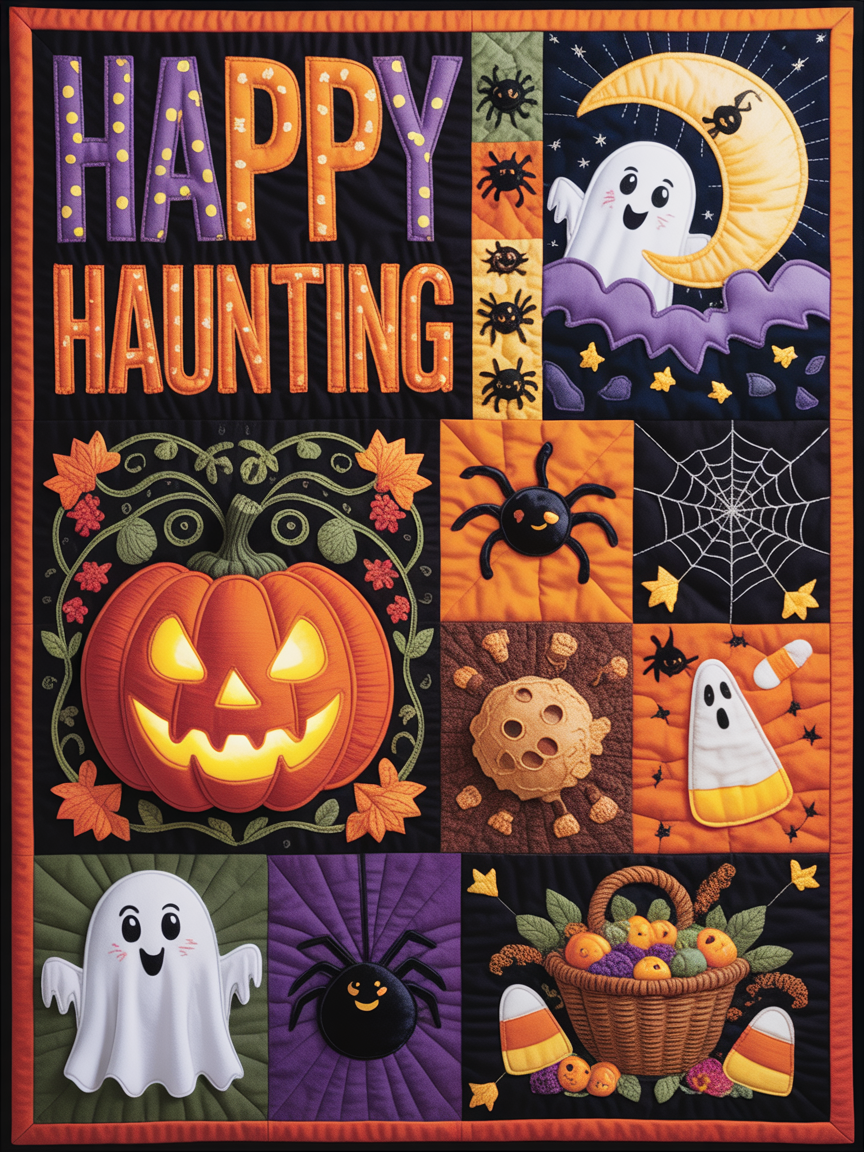 Elegant Halloween Quilted Blanket – Spooky Pumpkins, Whimsical Ghosts, And A Moonlit Night Sky Design With Bold Stitched Text – Perfect For Home, Living Room, Fireplace, And Bedroom Decor — Ideal For Indoor Decoration, Gift Ideas And Crafts, Cozy, Elegant, Classy, Chic, Cute, Unique, And Aesthetic Halloween Throw Blanket - Image 2
