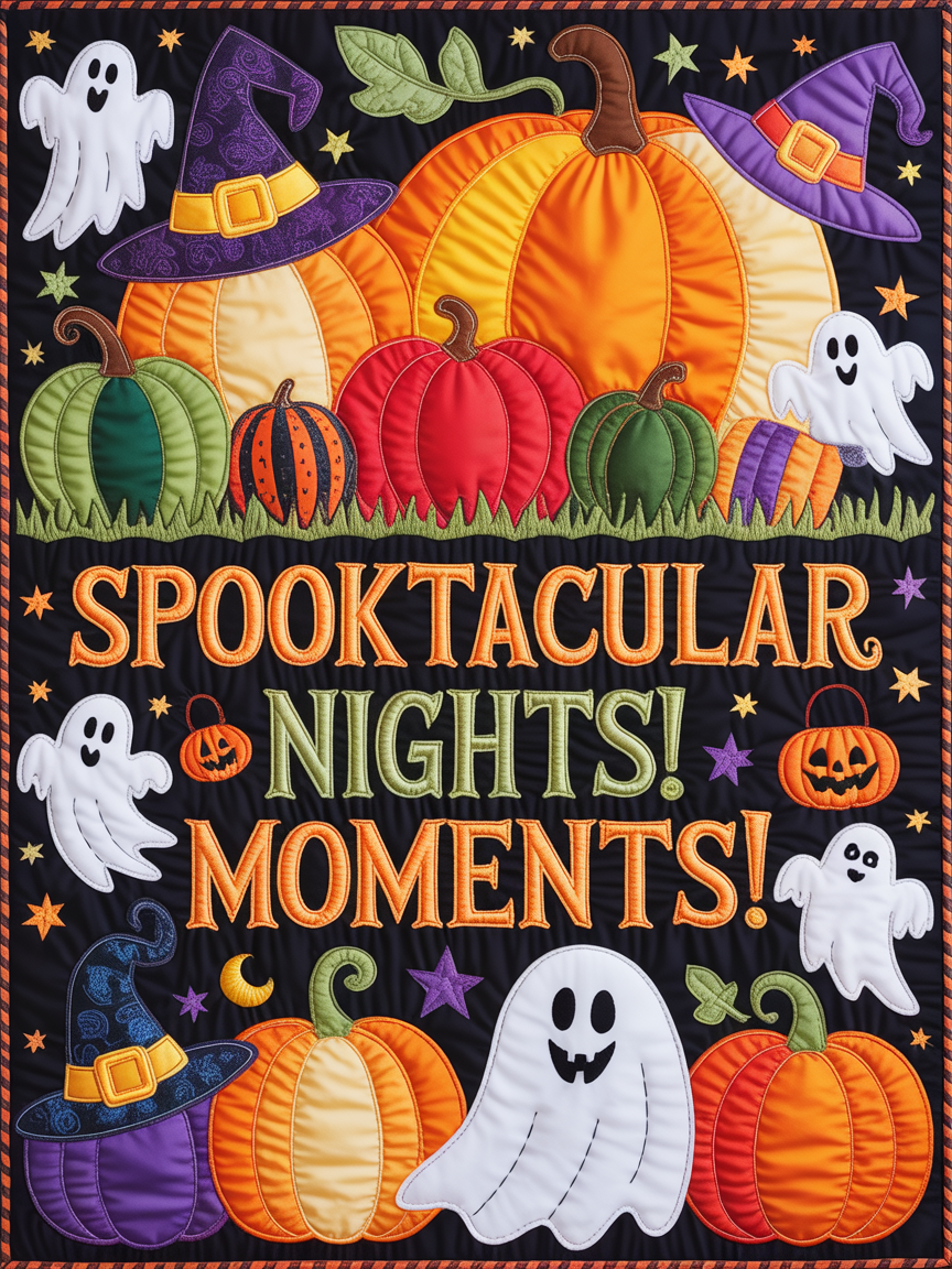 Elegant Halloween Quilted Blanket – Whimsical Witch Hats, Playful Pumpkins, and Ghostly Greetings with Bold Stitched Text – Perfect For Home, Living Room, Fireplace, And Bedroom Decor — Ideal For Indoor Decoration, Gift Ideas And Crafts, Cozy, Elegant, Classy, Chic, Cute, Unique, And Aesthetic Halloween Throw Blanket - Image 2