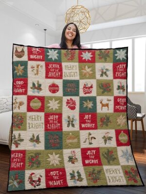 Elegant Christmas Quilted Blanket – Whimsical Snowflakes, Joyful Santa, Vintage Ornaments, and Festive Quotes with Cozy Red and Green Textures – Perfect For Home, Living Room, Fireplace, And Bedroom Decor — Ideal For Indoor Decoration, Gift Ideas And Crafts, Cozy, Elegant, Classy, Chic, Cute, Unique, And Aesthetic Christmas Throw Blanket