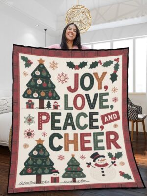 Elegant Christmas Quilted Blanket – Joyful Winter Wonderland with Red and Green Accents, Oversized Stitched Text, and Traditional Holiday Symbols Perfect For Home, Living Room, Fireplace, And Bedroom Decor — Ideal For Indoor Decoration, Gift Ideas And Crafts, Cozy, Elegant, Classy, Chic, Cute, Unique, And Aesthetic Christmas Throw Blanket