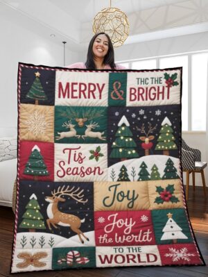 Elegant Christmas Quilted Blanket – Rustic Pine Trees, Festive Snowflakes, Reindeer, and Merry Textured Joys – Perfect For Home, Living Room, Fireplace, And Bedroom Decor — Ideal For Indoor Decoration, Gift Ideas And Crafts, Cozy, Elegant, Classy, Chic, Cute, Unique, And Aesthetic Christmas Throw Blanket