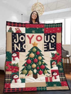 Elegant Christmas Quilted Blanket – Whimsical Winter Wonderland with Vintage Ornaments, Festive Poinsettias, and Joyful Snowmen – Perfect For Home, Living Room, Fireplace, And Bedroom Decor — Ideal For Indoor Decoration, Gift Ideas And Crafts, Cozy, Elegant, Classy, Chic, Cute, Unique, And Aesthetic Christmas Throw Blanket