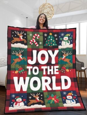Elegant Christmas Quilted Blanket – Festive Reindeer, Candy Canes, and Christmas Trees with Whimsical Stitched Text Elements – Perfect For Home, Living Room, Fireplace, And Bedroom Decor — Ideal For Indoor Decoration, Gift Ideas And Crafts, Cozy, Elegant, Classy, Chic, Cute, Unique, And Aesthetic Christmas Throw Blanket