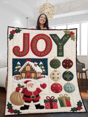 Elegant Christmas Quilted Blanket – Vintage Charm With Festive Ornaments, Gingerbread Houses, Santa, And Oversized 'Joy' Text – Perfect For Home, Living Room, Fireplace, And Bedroom Decor — Ideal For Indoor Decoration, Gift Ideas And Crafts, Cozy, Elegant, Classy, Chic, Cute, Unique, And Aesthetic Christmas Throw Blanket