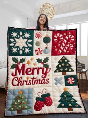 Elegant Christmas Quilted Blanket – Festive Snowflakes, Candy Canes, and Oversized Merry Christmas Text for a Cozy Holiday Atmosphere – Perfect For Home, Living Room, Fireplace, And Bedroom Decor — Ideal For Indoor Decoration, Gift Ideas And Crafts, Cozy, Elegant, Classy, Chic, Cute, Unique, And Aesthetic Christmas Throw Blanket