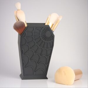 Gothic Coffin-Shaped Spider Web Makeup Brush Holder  – Lightweight Desk Organizer for Vanity or Office Decor
