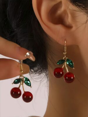 Fashionable Fruit Dangle Earrings – Cherry-Shaped Copper Stud Design For Women's Everyday Wear In Autumn And Winter Red Tone