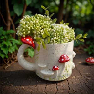 Whimsical Mushroom Planter – Red & White Spotted Resin Garden Decor, Lightweight Freestanding Indoor/Outdoor Plant Pot for Succulents, Small Plants & Fairy Tale Design
