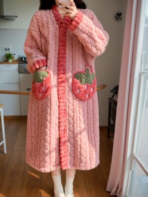 Women's Coral Fleece-Lined Winter Sleep Robe – Mid-Length V-Neck Button Front with Strawberry Pockets, Cozy Plush Long Sleeve Bathrobe, Indoor Comfort Wear, Christmas Thanksgiving Mother’s Day Gift