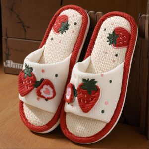 Cute Strawberry Pattern Linen Slippers – Open Toe Breathable Soft Sole Flat Shoes, Comfy Indoor Floor Slippers