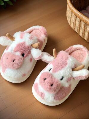 Women’s Cartoon Cow Slippers Fluffy Slippers – Indoor Home Use Warm Plush Thick-Soled Pink Leopard Slippers