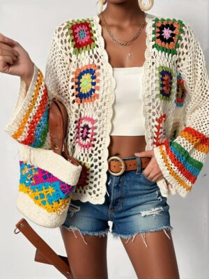 Stunning Floral Crochet Bell Sleeve Cardigan – Open Front, Hollow Out Design, Vacation-Ready, Spring & Fall Must-Have, Women's Clothing for Chic Style