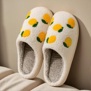 Comfortable Plush Lined Cute Lemon Fruit Pattern Slippers – Casual Slip On Indoor Home Shoes