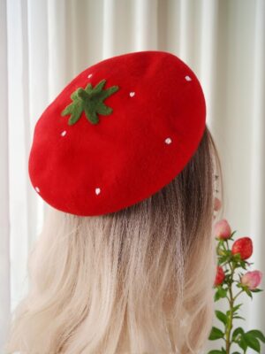 Cute Strawberry Embroidered Wool-Mix Beret – School Hat Valentine's Day