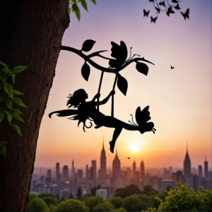 Swing Elf on Branch Silhouette Metal Wall Art – Home Garden Yard Patio Outdoor Statue Stake Decoration Perfect for Birthdays, Housewarming Gifts, Yard Art Decor