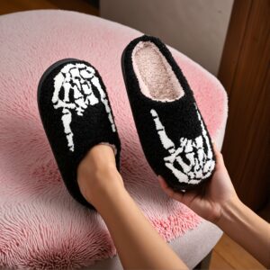 Skull Finger Bones Punk Style Plush Slip-On Slippers – Black & White Skeleton Design, Soft Fabric with Plush Lining & TPR Sole, All-Season Indoor/Outdoor Comfort, Comfortable Footwear