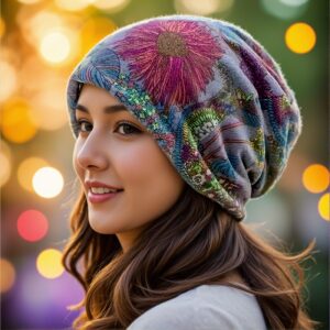 Winter Boho Chic Knit Beanie – Breathable, Elastic, Coldproof, Lightweight, Slouchy Fit, Vintage Flower Print, Skull Cap for Womens Daily Outdoor Use