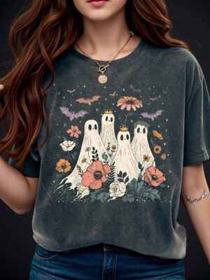 Halloween Women's Casual T-Shirt – Playful Ghosts with Crowns & Floral Bats Print, Soft Breathable Round Neck Tee