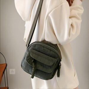 Vintage Harajuku Corduroy Crossbody Bag – Casual Japanese Style Shoulder Handbag, Halloween Party, Solid Color, Hand Washable