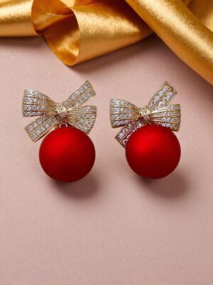 Fashionable Metal Bow & Pearl Drop Earrings – Suitable For Women To Wear For Christmas, New Year Party